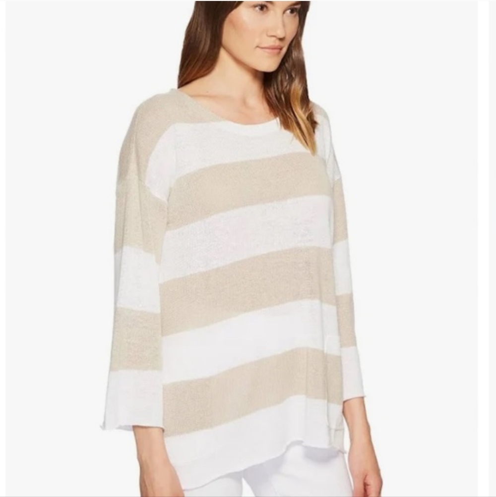 Eileen Fisher Tan/White Striped Knit Sweater 100% Organic Linen Pockets Size XL